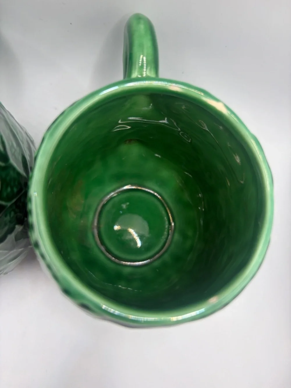 Pair Vintage Greenware Ceramic Majolica Leaf Mugs Cups Drinkware Cottagecore